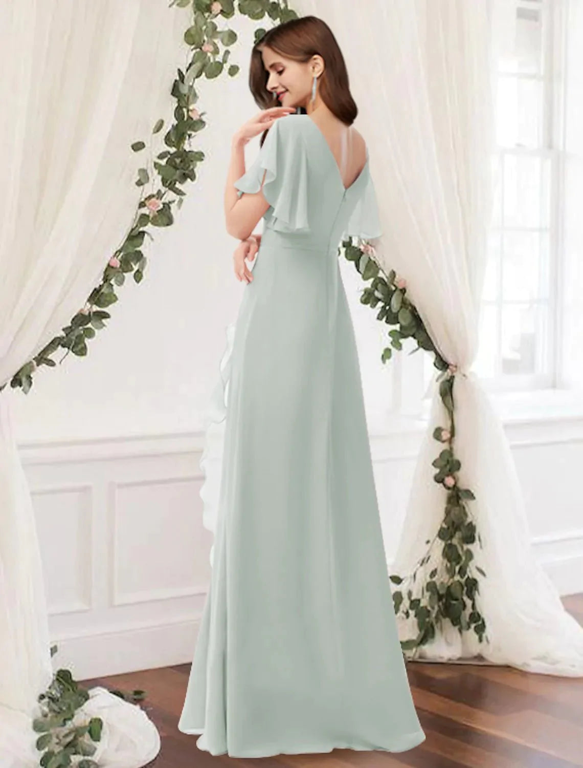 A-Line Bridesmaid Dress V Neck Sleeveless Elegant Floor Length Chiffon with Ruffles / Split Front