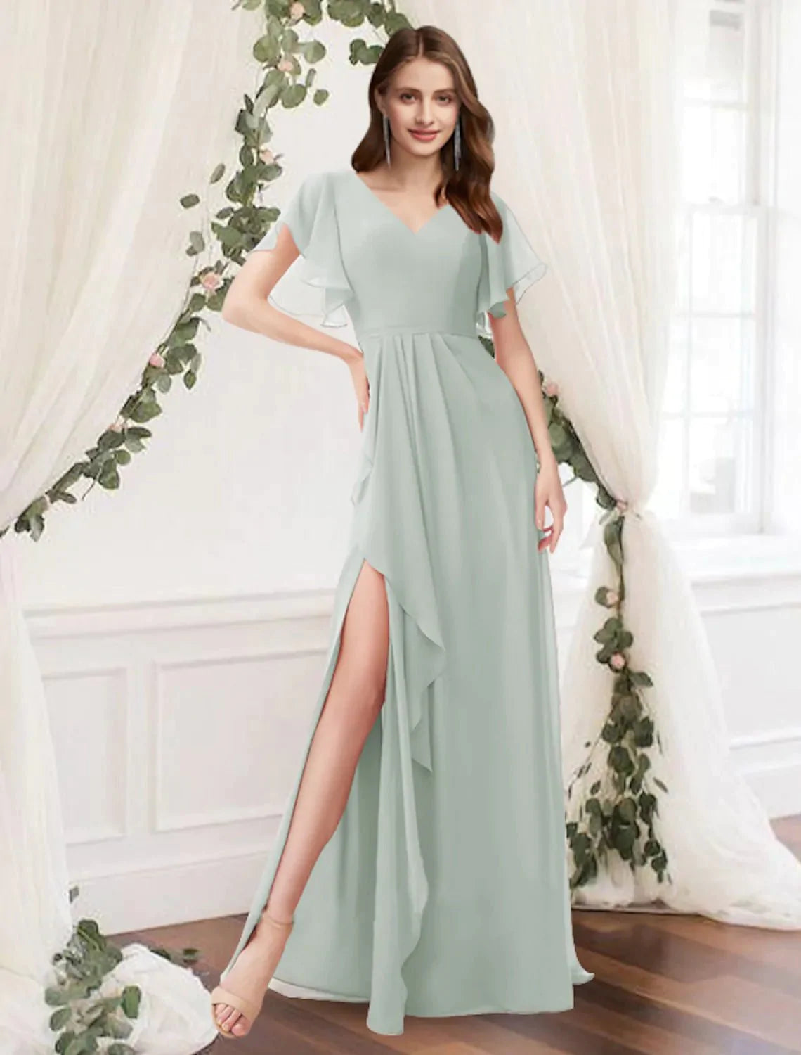 A-Line Bridesmaid Dress V Neck Sleeveless Elegant Floor Length Chiffon with Ruffles / Split Front