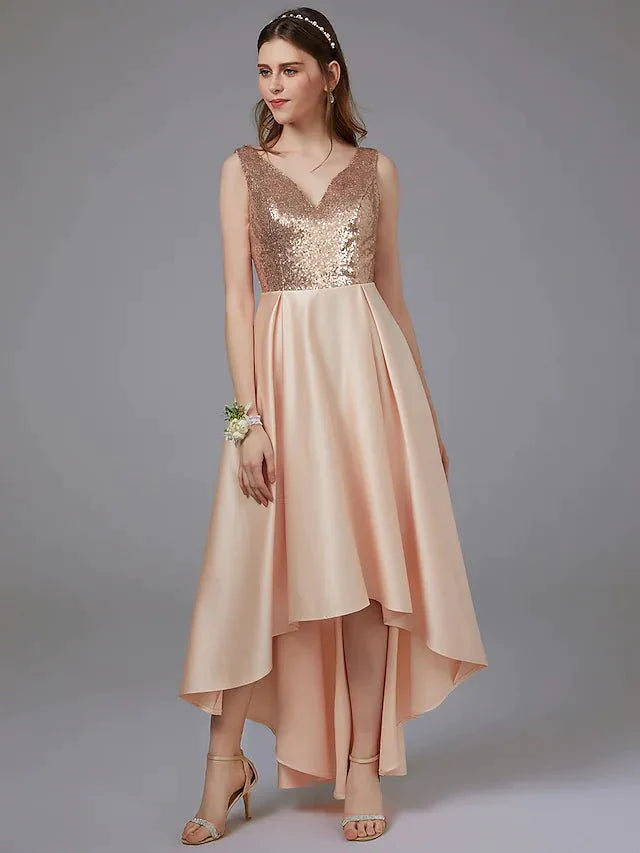 A-Line Bridesmaid Dress V Neck Sleeveless Elegant Floor Length Satin with Pattern / Print