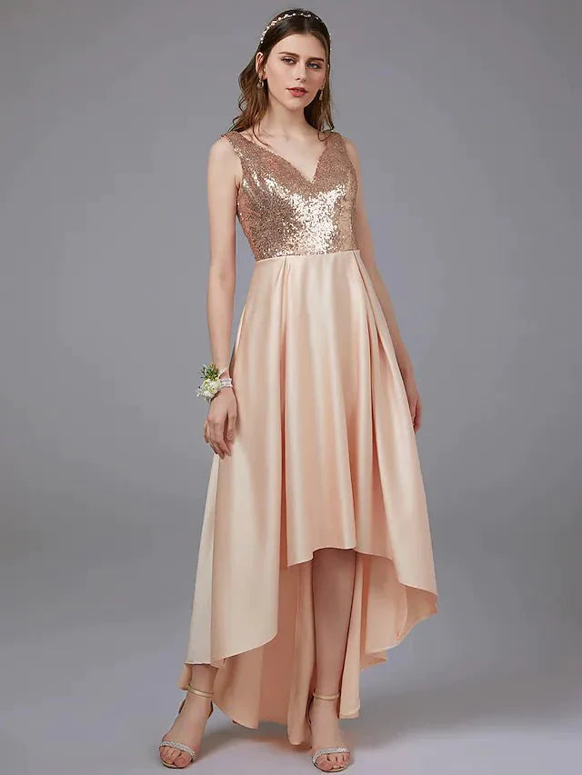 A-Line Bridesmaid Dress V Neck Sleeveless Elegant Floor Length Satin with Pattern / Print