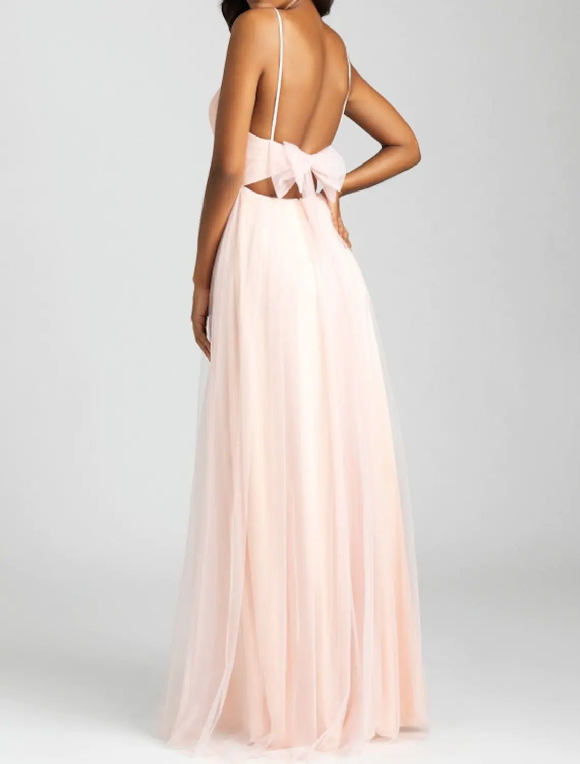 A-Line Bridesmaid Dress V Neck Sleeveless Elegant Floor Length Tulle with Bow(s) / Pleats
