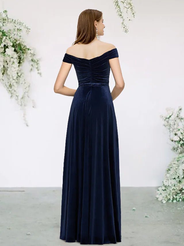 A-Line Bridesmaid Dress V Neck Sleeveless Elegant Floor Length Velvet with Split Front