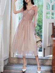 A-Line Bridesmaid Dress V Neck Sleeveless Elegant Tea Length Tulle with Bow(s) / Sequin