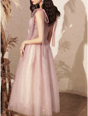 A-Line Bridesmaid Dress V Neck Sleeveless Elegant Tea Length Tulle with Bow(s) / Sequin