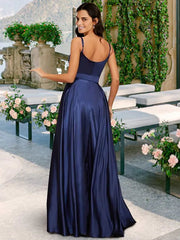A-Line Bridesmaid Dress V Neck / Spaghetti Strap Sleeveless Sexy Floor Length Charmeuse with Bow(s) / Pleats