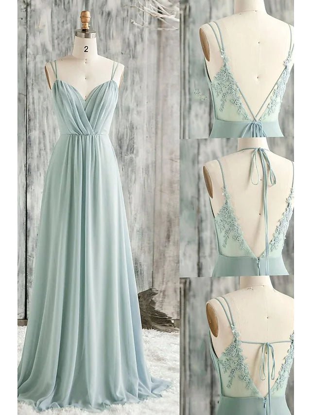 A-Line Bridesmaid Dress V Neck / Spaghetti Strap Sleeveless Sexy Floor Length Chiffon / Lace with Appliques