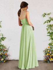 A-Line Bridesmaid Dress V Neck / Spaghetti Strap Sleeveless Sexy Floor Length Chiffon with Pleats