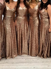 A-Line Bridesmaid Dress V Neck / Spaghetti Strap Sleeveless Sexy Floor Length Sequined with Sequin