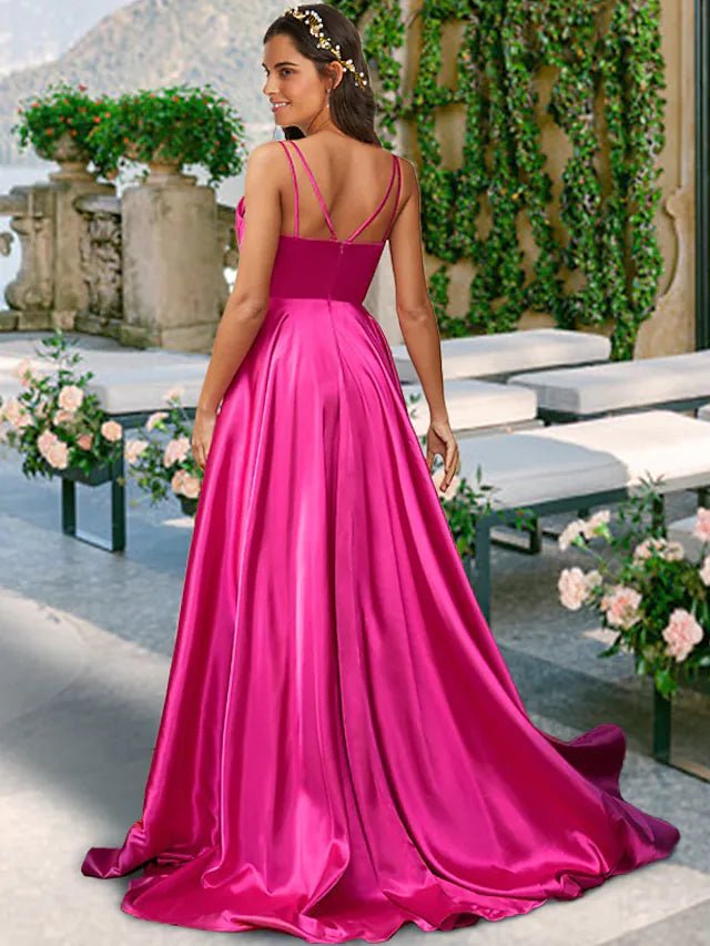 A-Line Bridesmaid Dress V Neck / Spaghetti Strap Sleeveless Sexy Sweep / Brush Train Charmeuse with Pleats / Solid Color