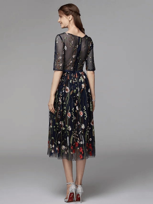 A-Line Floral Holiday Cocktail Party Valentine's Day Dress Illusion Neck Half Sleeve Tea Length Organza Satin Chiffon with Embroidery Appliques