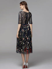 A-Line Floral Holiday Cocktail Party Valentine's Day Dress Illusion Neck Half Sleeve Tea Length Organza Satin Chiffon with Embroidery Appliques