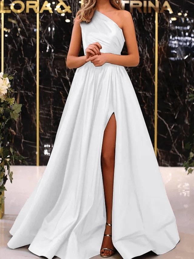 A-Line Minimalist Elegant Engagement Formal Evening Dress One Shoulder Sleeveless Floor Length Satin with Pleats Split