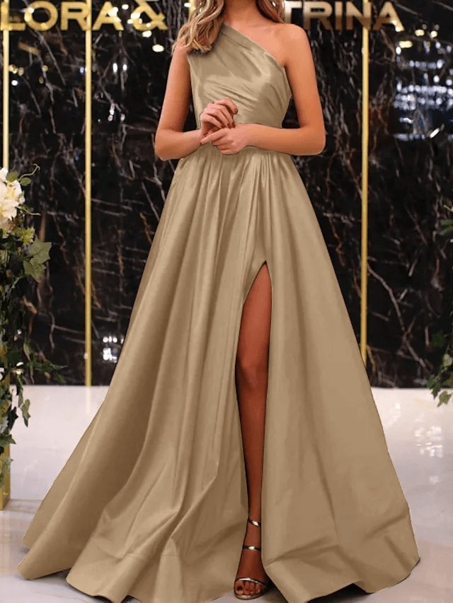 A-Line Minimalist Elegant Engagement Formal Evening Dress One Shoulder Sleeveless Floor Length Satin with Pleats Split
