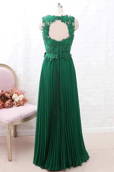 A Line Round Neck Green Lace Long Prom Dress Bridesmaid Dress, Open Back Lace Green Formal Dress, Green Lace Evening Dress