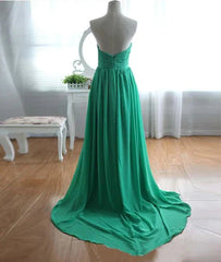 A-Line Strapless Sweetheart Neck Green Chiffon Long Prom Dresses, Green Evening Dresses