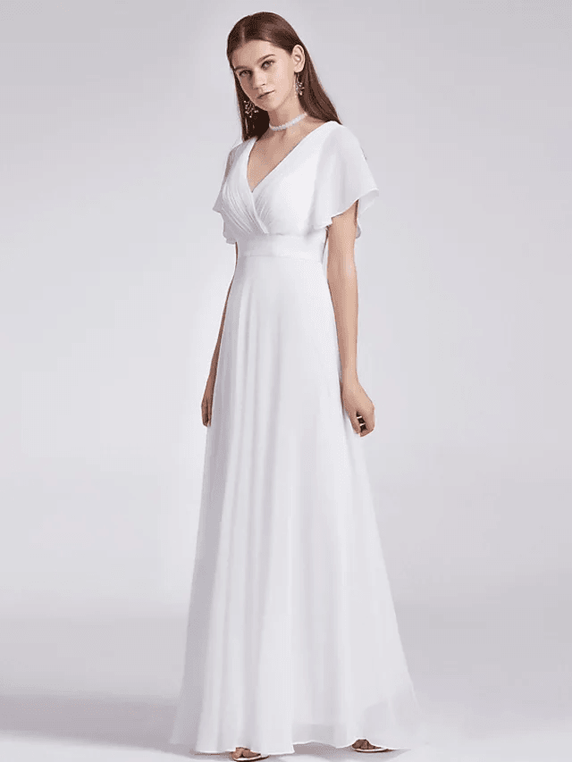 A-Line Wedding Dresses V Neck Floor Length Chiffon Short Sleeve Simple Little White Dress with Draping