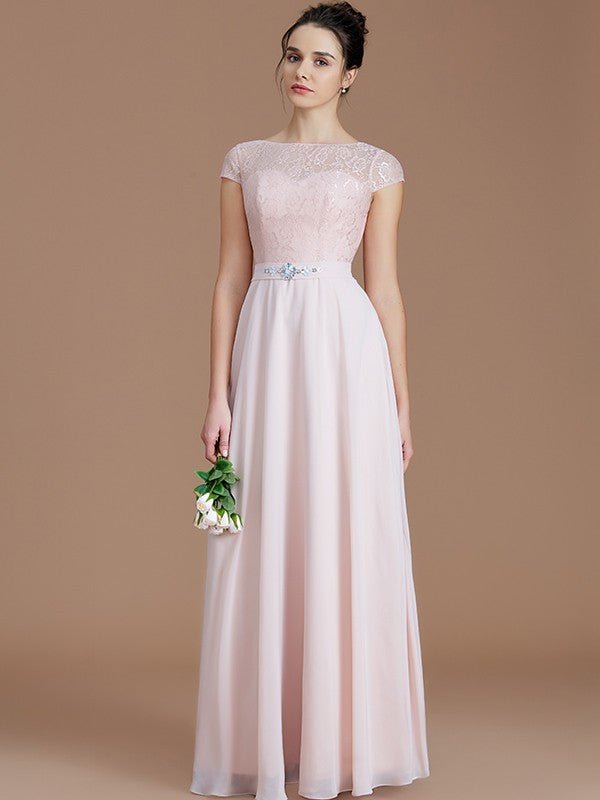 A-Line/Princess Bateau Sleeveless Lace Floor-Length Chiffon Bridesmaid Dresses