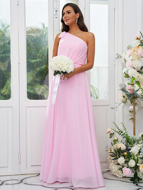 A-Line/Princess Chiffon Bowknot One-Shoulder Sleeveless Floor-Length Bridesmaid Dresses