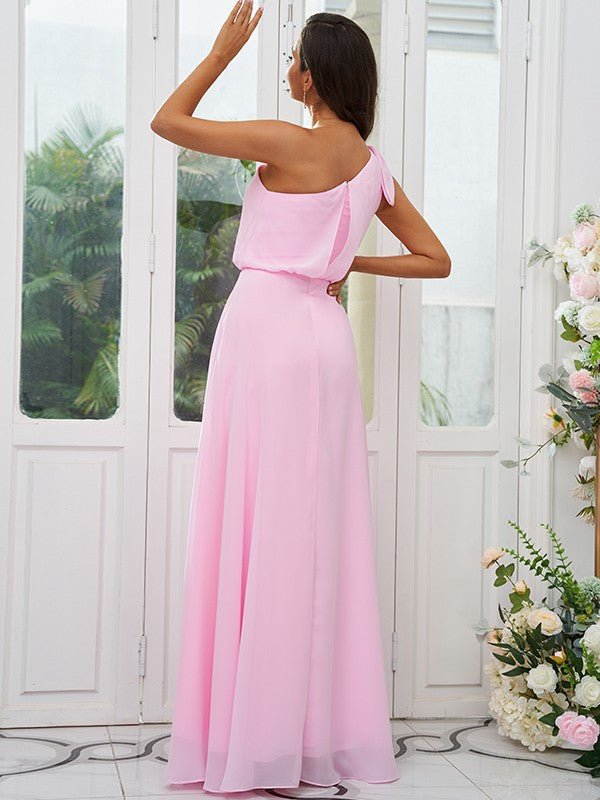 A-Line/Princess Chiffon Bowknot One-Shoulder Sleeveless Floor-Length Bridesmaid Dresses