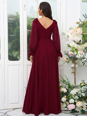 A-Line/Princess Chiffon Bowknot V-neck Long Sleeves Floor-Length Bridesmaid Dresses