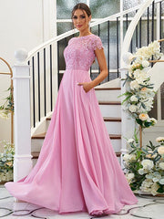 A-Line/Princess Chiffon Lace Scoop Short Sleeves Floor-Length Bridesmaid Dresses