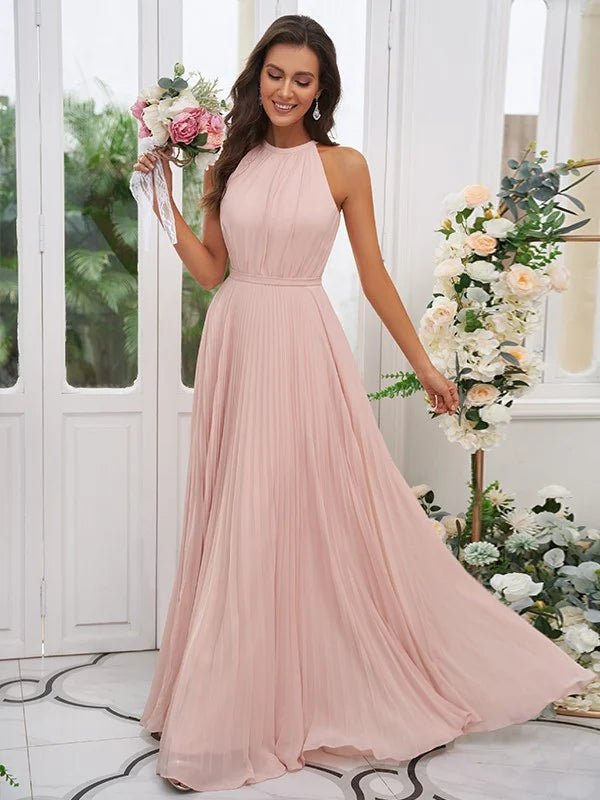 A-Line/Princess Chiffon Ruffles Halter Sleeveless Floor-Length Bridesmaid Dresses
