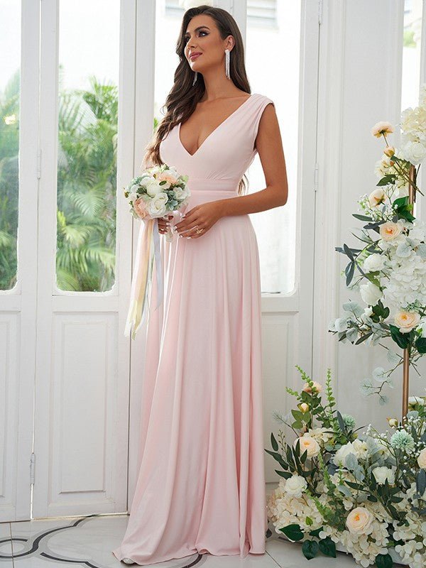 A-Line/Princess Jersey Ruffles V-neck Sleeveless Floor-Length Bridesmaid Dresses