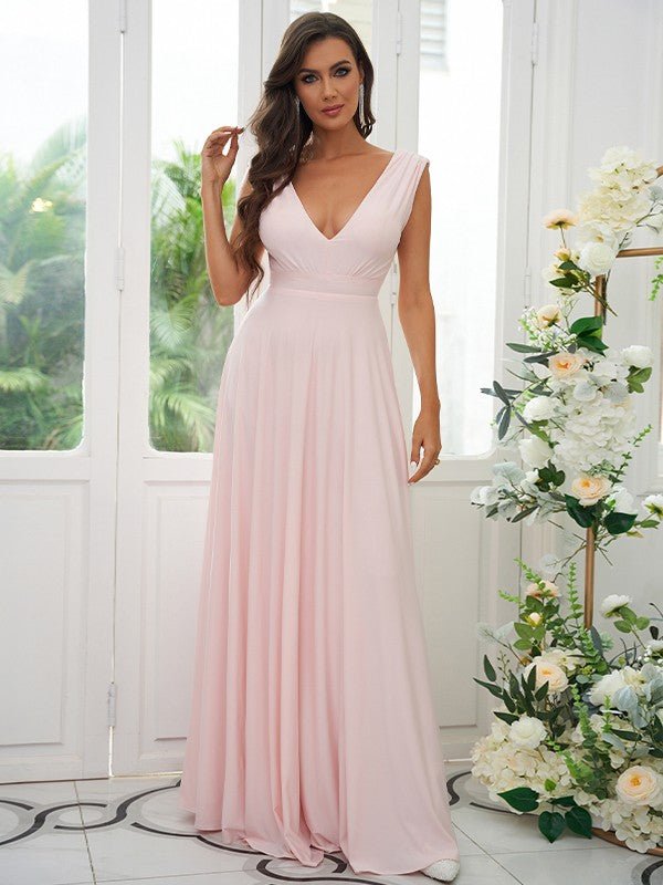A-Line/Princess Jersey Ruffles V-neck Sleeveless Floor-Length Bridesmaid Dresses