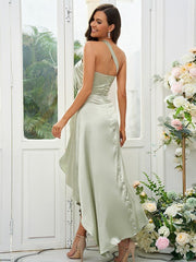 A-Line/Princess Silk like Satin Ruched One-Shoulder Sleeveless Tea-Length Bridesmaid Dresses