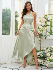 A-Line/Princess Silk like Satin Ruched One-Shoulder Sleeveless Tea-Length Bridesmaid Dresses