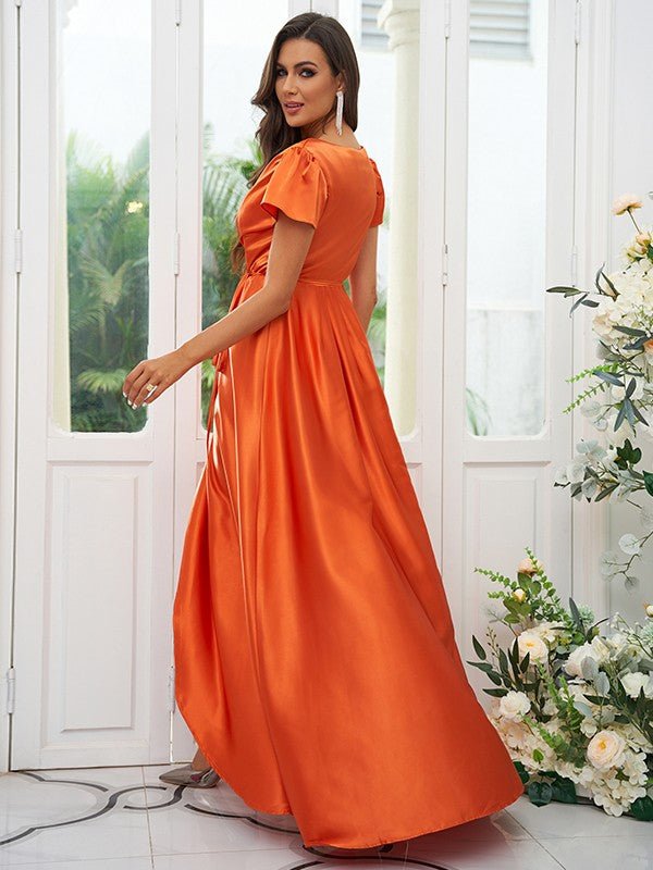 A-Line/Princess Silk like Satin Ruched V-neck Short Sleeves Floor-Length Bridesmaid Dresses