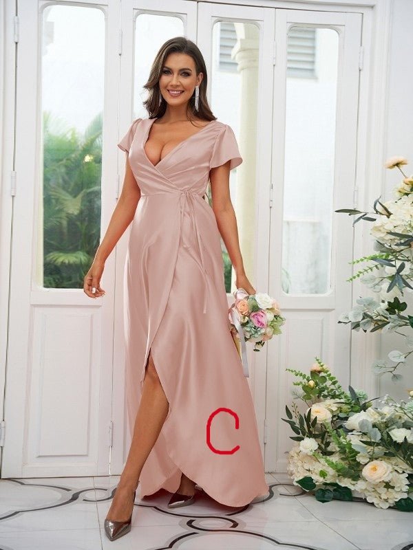 A-Line/Princess Silk like Satin Ruched V-neck Short Sleeves Floor-Length Bridesmaid Dresses