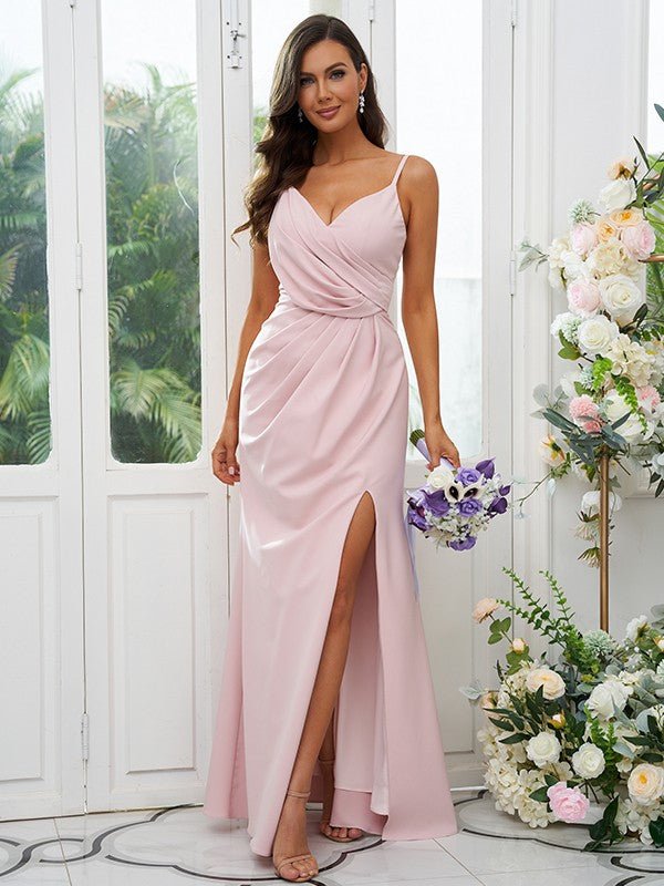 A-Line/Princess Stretch Crepe Ruched V-neck Sleeveless Floor-Length Bridesmaid Dresses