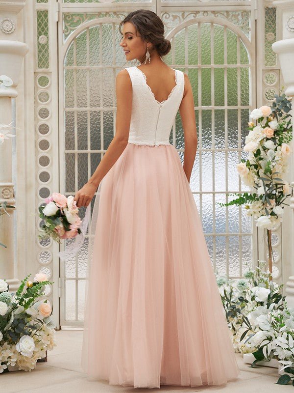 A-Line/Princess Tulle Lace V-neck Sleeveless Floor-Length Two Piece Bridesmaid Dresses