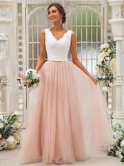 A-Line/Princess Tulle Lace V-neck Sleeveless Floor-Length Two Piece Bridesmaid Dresses