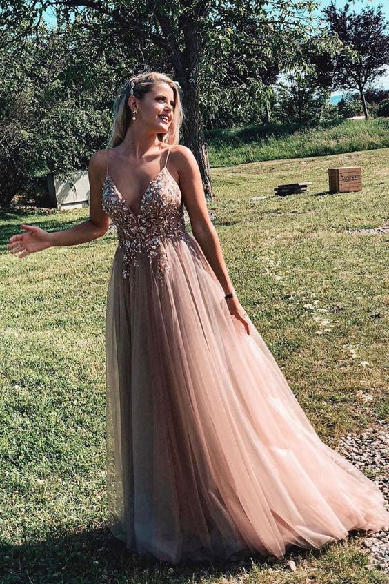 Champagne pink tulle lace long prom dress tulle formal dress