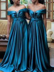 A-Line Bridesmaid Dress Off Shoulder Short Sleeve Elegant Sweep / Brush Train Spandex with Bow(s) / Pleats