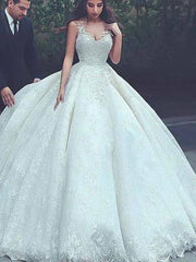 Ball Gown Spaghetti Straps Sleeveless Sweep/Brush Train Lace Tulle Wedding Dresses