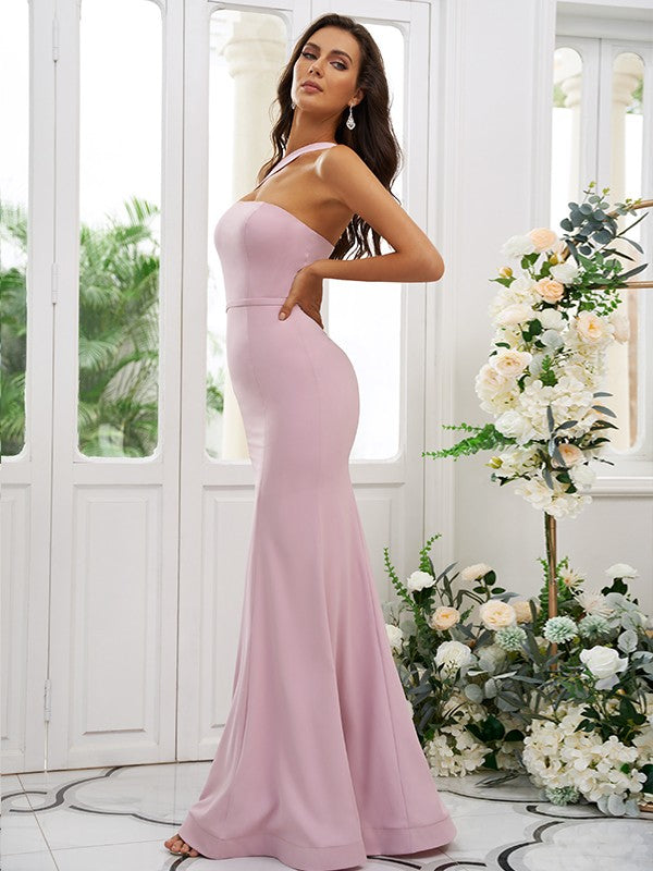 Sheath/Column Stretch Crepe Ruffles One-Shoulder Sleeveless Floor-Length Bridesmaid Dresses