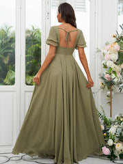 A-Line/Princess Chiffon Ruffles V-neck Short Sleeves Floor-Length Bridesmaid Dresses