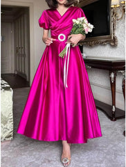 A-Line Bridesmaid Dress V Neck Short Sleeve Vintage Ankle Length Satin with Sash / Ribbon / Pleats
