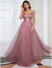 Bridesmaid Dress V Neck Sleeveless Elegant Floor Length Tulle / Sequined with Draping / Tier / Solid Color