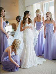 Strapless Lilac Chiffon A-line Long Bridesmaid Dresses