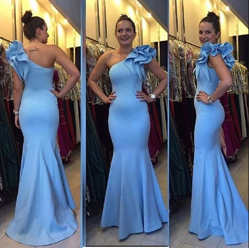 2020 Cheap Mermaid Prom Dresses One Shoulder Formal Evening Party Dress Light Blue Special Occasion Gowns  cg13489