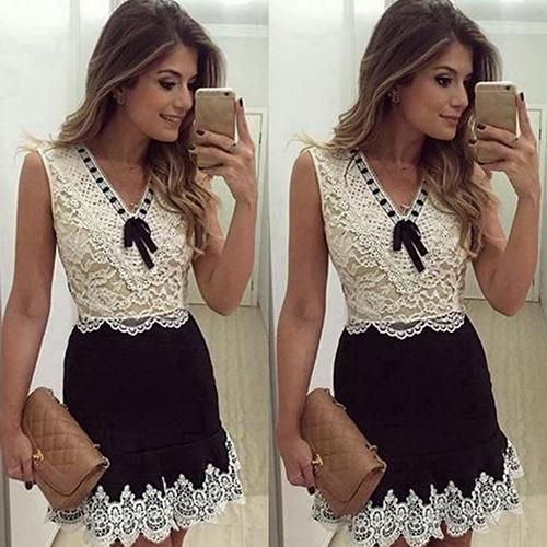Women's Sexy Summer Lace Patchwork Sleeveless Bowknot Party Cocktail Mini Dress homecoming dress    cg22730
