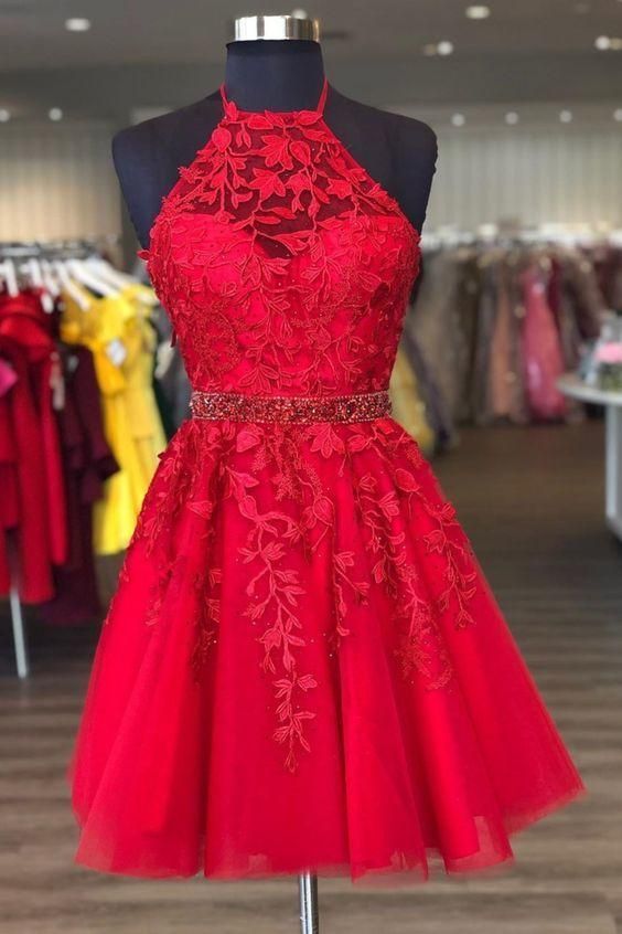 Halter Short Red Homecoming Dress With Lace Appliques And Beaded Band        cg22749