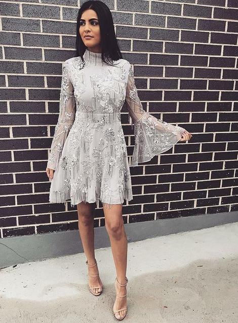 A-Line High Neck Short Grey Lace Homecoming Dress with Long Sleeves        cg22812