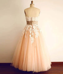 Champagne Tulle Lace Tea Pearl Prom Dresses, Lace Wedding Dresses