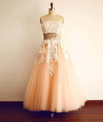 Champagne Tulle Lace Tea Pearl Prom Dresses, Lace Wedding Dresses