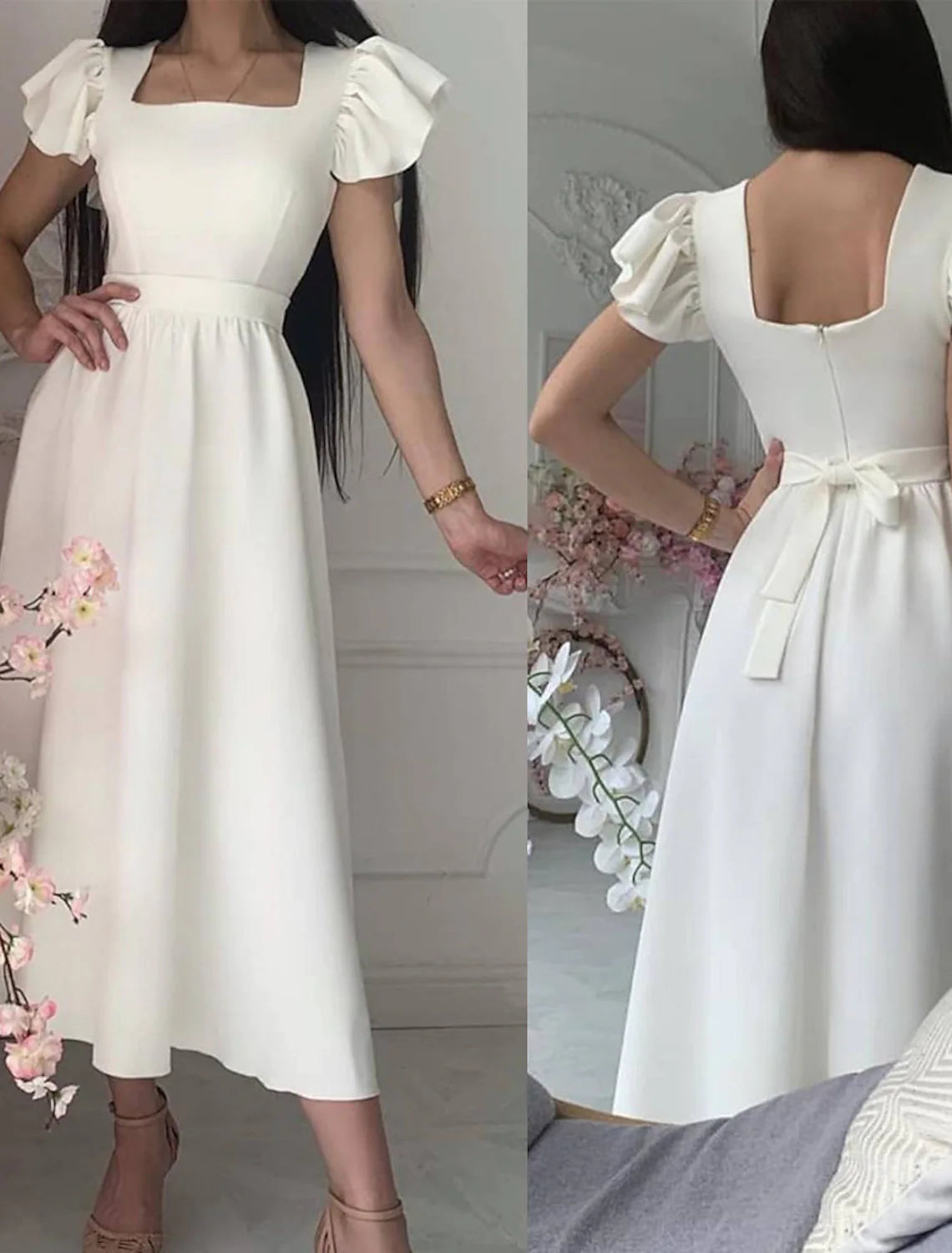A-Line Bridesmaid Dress Square Neck Short Sleeve Elegant Tea Length Stretch Fabric with Sash / Ribbon / Ruffles